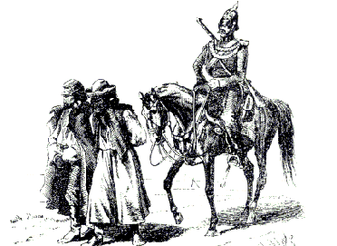 Engraving of a mounted officer in a spiked helmet ordering two Roma women away from a roadside.