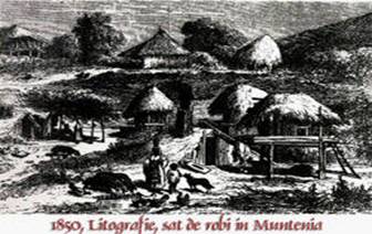 Lithograph of a settlement of enslaved Roma in Muntenia: low shelters, carts and figures among trees.